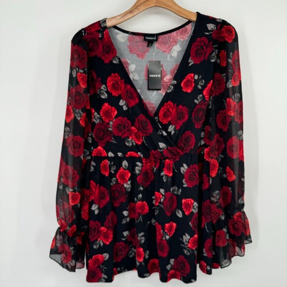 Torrid size 1X plus Black red  Floral Surplice Babydoll Top  Sheer Sleeves new - Picture 9 of 12